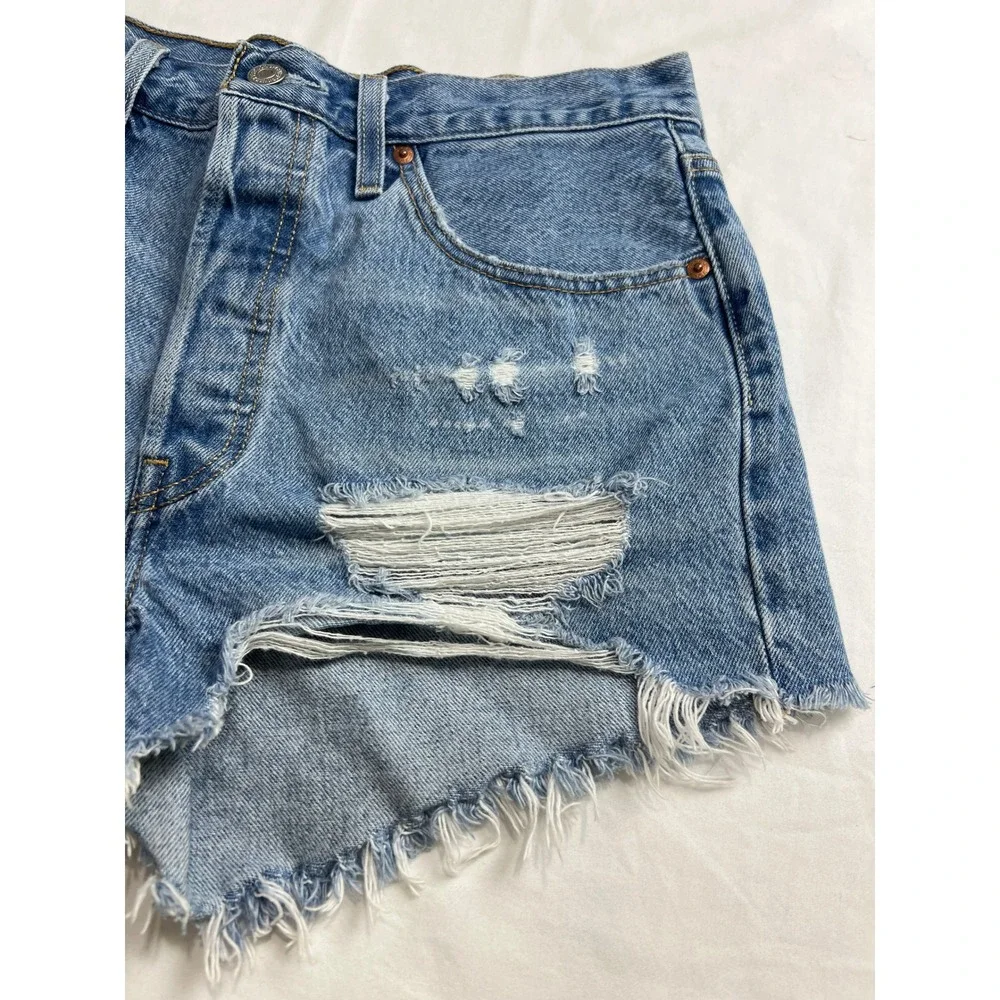 Levi's 501 Original‎ Cut Off Shorts Women 29 Blue Distressed Denim High Rise F1